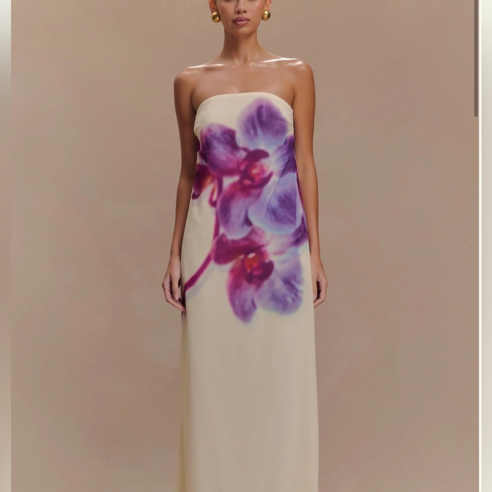 MESHKI Amaya Strapless Chiffon Maxi Dress - Ivory Koi Orchid Print